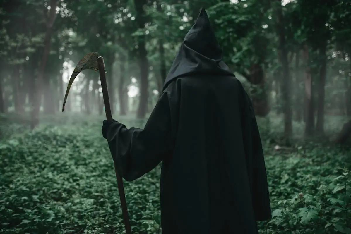 Grim reaper walking in the forest with father time