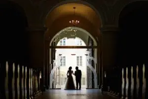 Father Daughter at a wedding in silhouette background