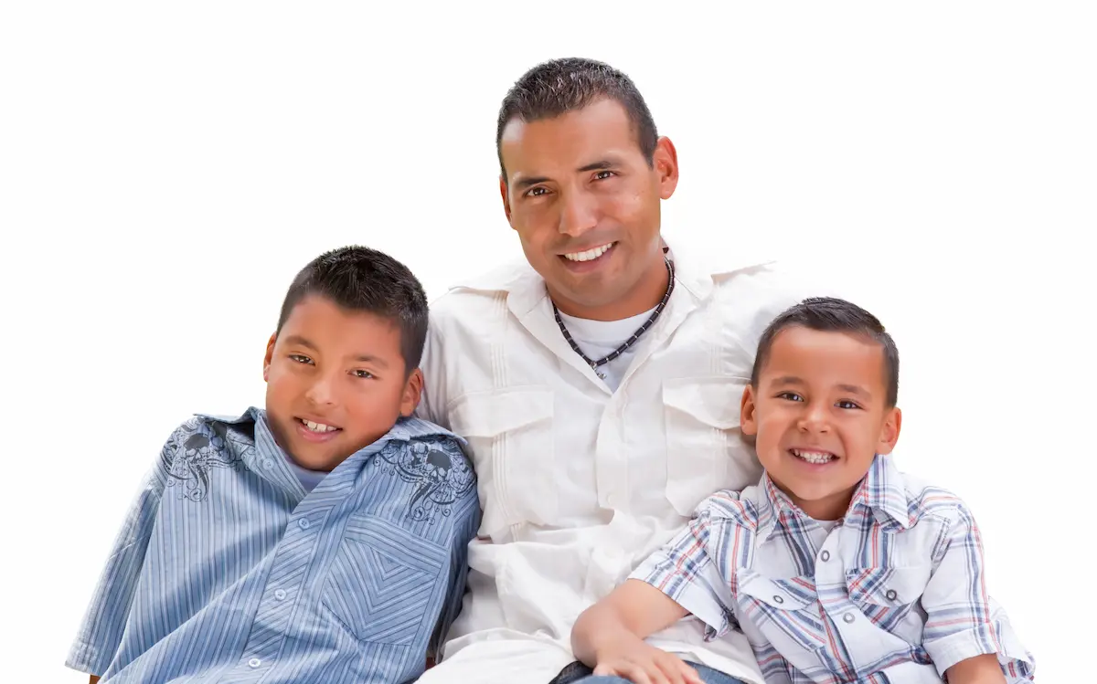 Single dad with his two boys on either side posing with white background