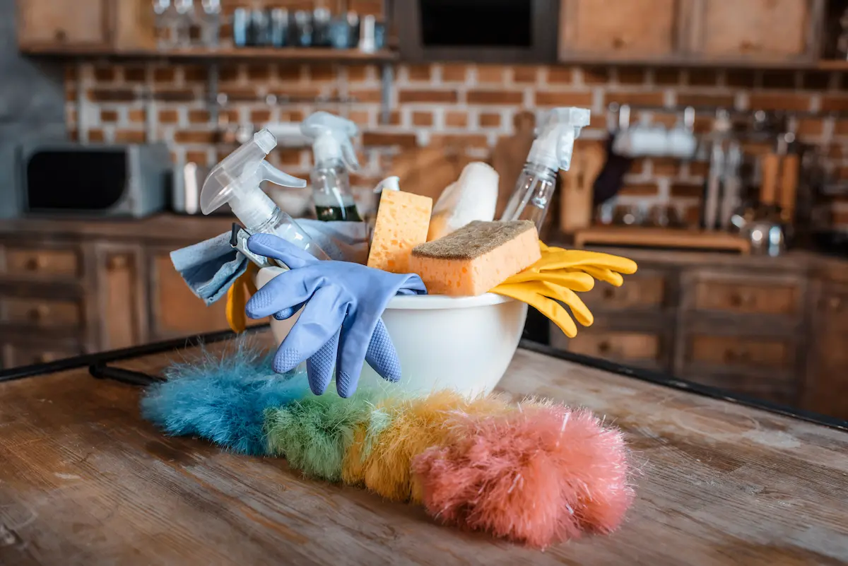 Cleaning supplies on counter ready to be used to help your family with house work