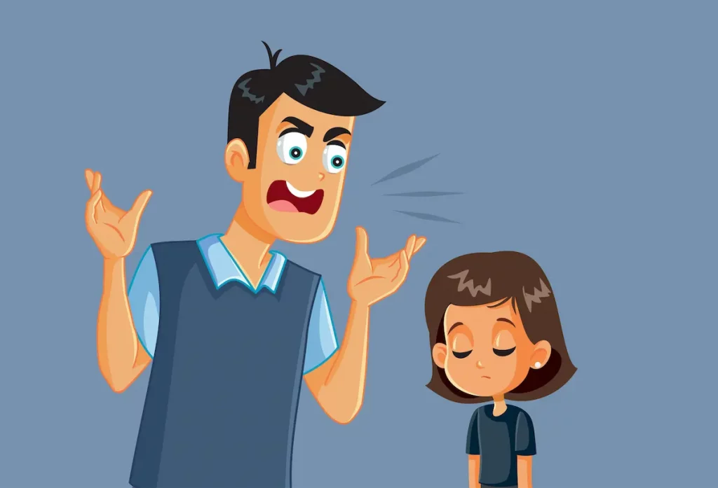 Cartoon infographic for a post on - Why Fathers Hit Their Children - showing an angry father yelling at sad daughter.