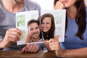 Couple holding a ripped photo of themselves during divorce