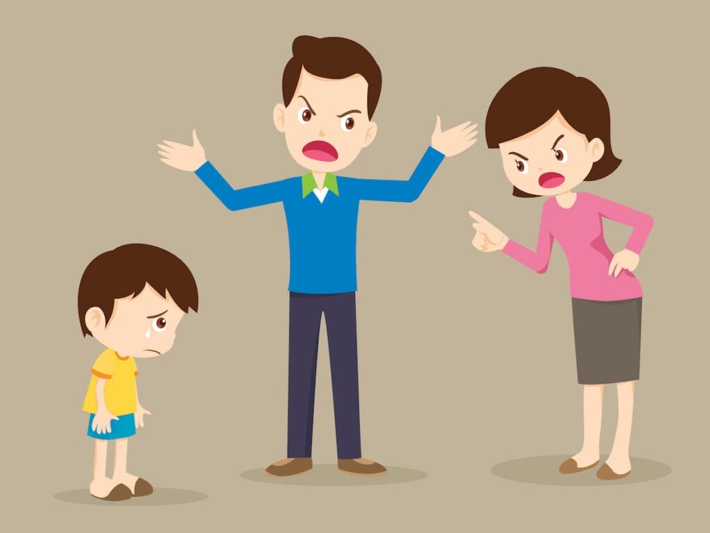 Cartoon illustration of Family conflict where Husband and wife are quarreling in front of child