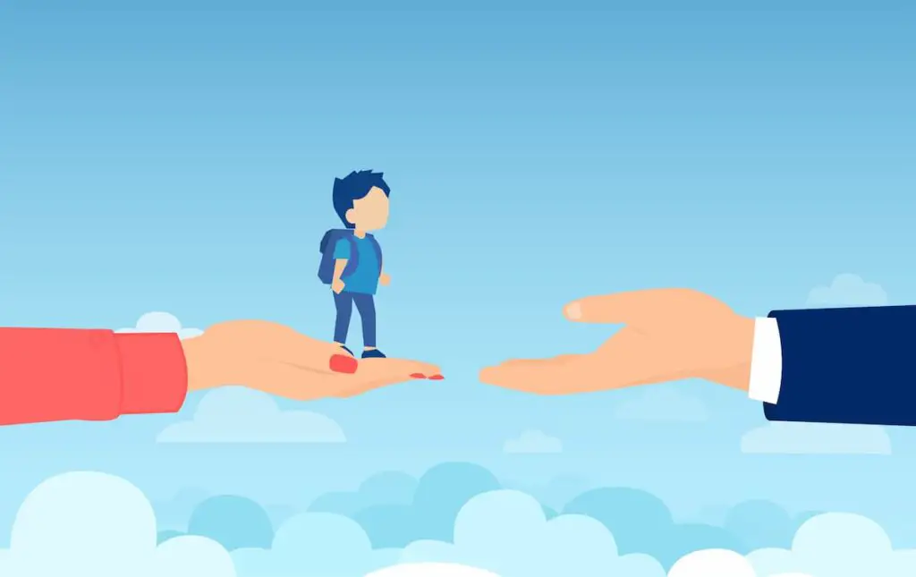 Vector image of parents hands handing off child for parenting