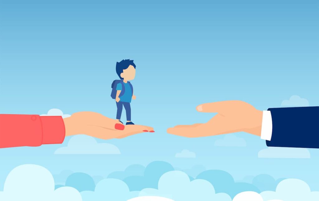 Vector image of parents hands handing off child for parenting